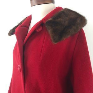 Penn Craft VTG 70s Red Wool Coat Brown Fur Collar